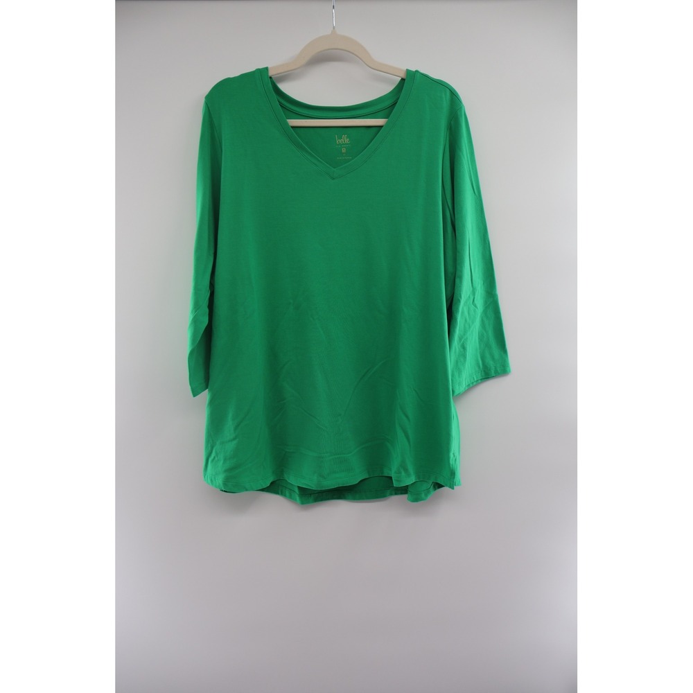 Belle Kim Gravel 1X Green V Neck Cotton Modal 3/4 Sleeve Top Plus Size